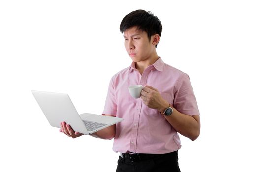 Asian young businessman has standing and working with a cup of coffee on isolated on wihte background.