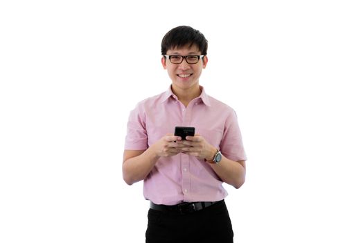 Asian young businessman has standing and playing phone with happy on isolated on wihte background.