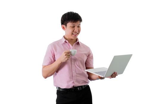 Asian young businessman has standing and working with a cup of coffee on isolated on wihte background.