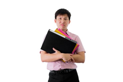 Asian young businessman has standing and hard working with many folders and documents on isolated on wihte background.