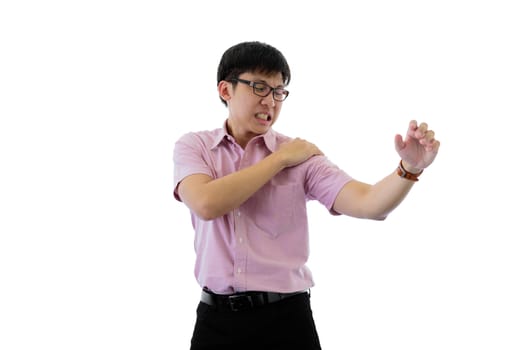 Asian young businessman has standing with shoulder ache on isolated on wihte background.