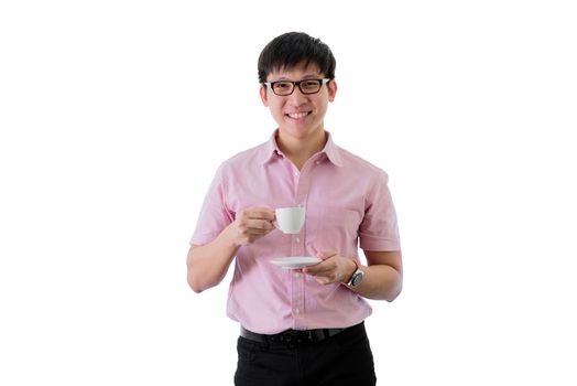 Asian young businessman has standing and drinking a cup of coffee with happy on isolated on wihte background.