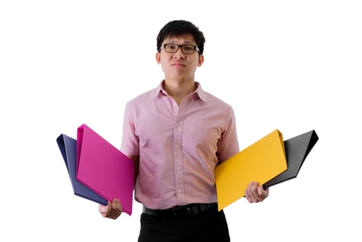 Asian young businessman has standing and hard working with many folders and documents on isolated on wihte background.