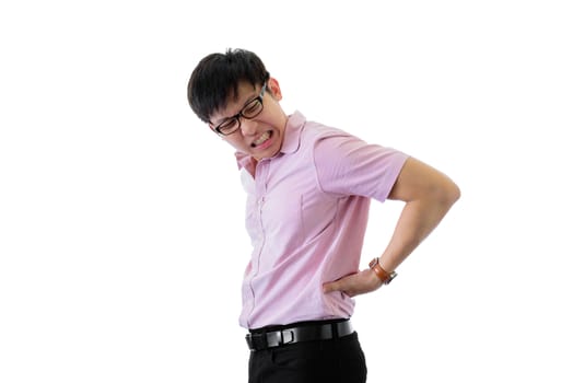 Asian young businessman has standing with backache on isolated on wihte background.