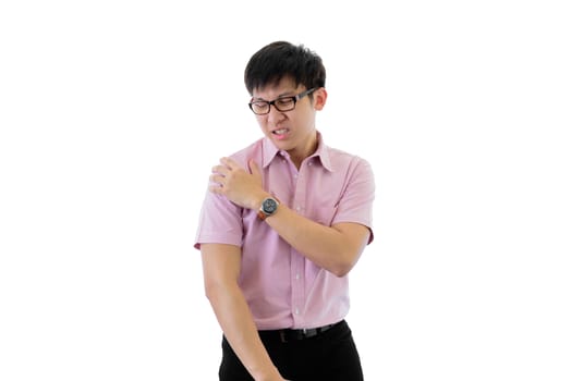 Asian young businessman has standing with shoulder ache on isolated on wihte background.