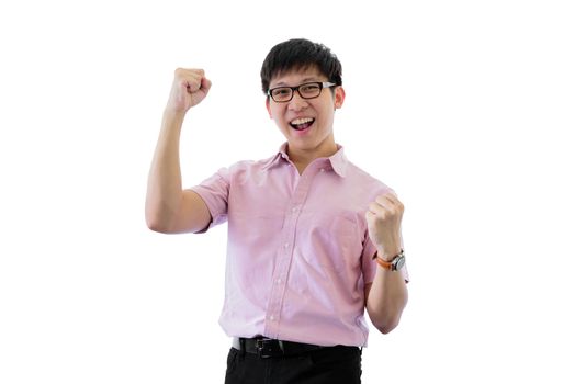 Asian young businessman has standing with cheerful on isolated on wihte background.