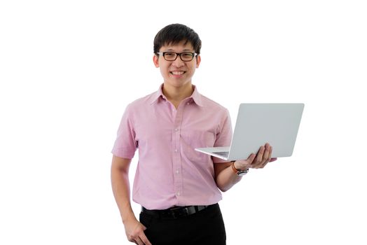 Asian young businessman has standing and laptop holding for working with happy on isolated on wihte background.