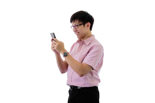 Asian young businessman has standing and playing phone with happy on isolated on wihte background.