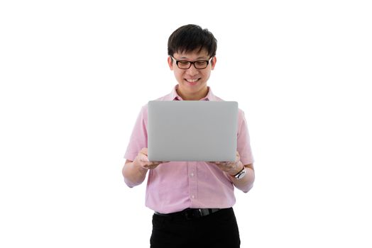 Asian young businessman has standing and laptop holding for working with happy on isolated on wihte background.