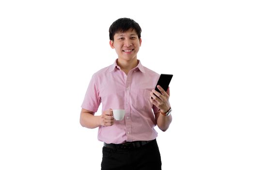 Asian young businessman has standing and working with a cup of coffee on isolated on wihte background.