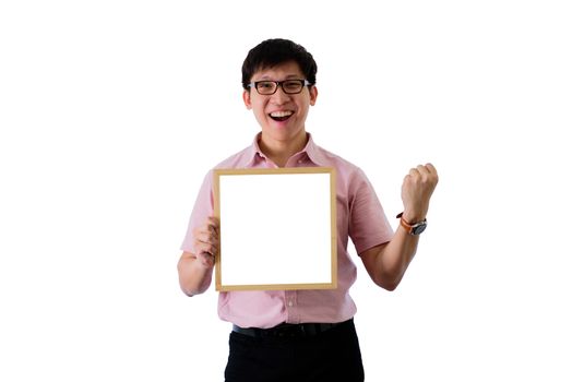 Asian young businessman has standing and holding the blank white screen board with happy on isolated on wihte background.