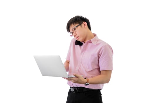 Asian young businessman has standing and  holding phone and laptop for working with busy on isolated on wihte background.