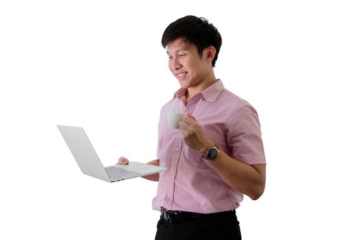 Asian young businessman has standing and working with a cup of coffee on isolated on wihte background.