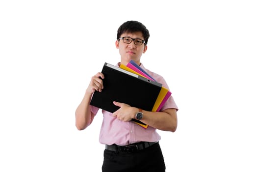 Asian young businessman has standing and hard working with many folders and documents on isolated on wihte background.