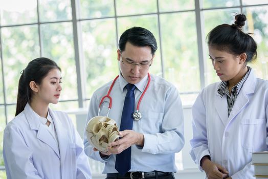 Asian teacher has teaching to student about science and anatomical in laboratory