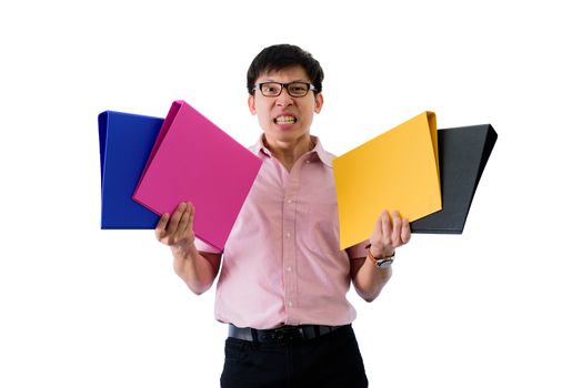 Asian young businessman has standing and holding many documents and folders with upset on isolated on wihte background.