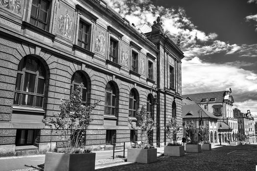 Cobbled street and Historic buildings in the center of Poznan, black and white