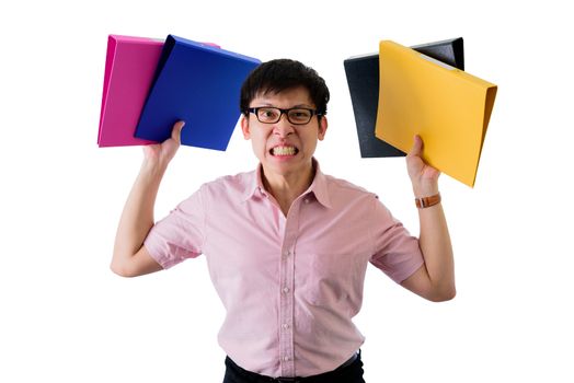 Asian young businessman has standing and holding many documents and folders with upset on isolated on wihte background.