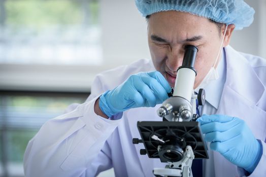 Asian man scientist researching  and learning in a laboratory.