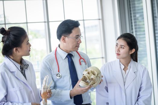 Asian teacher has teaching to student about science and anatomical in laboratory