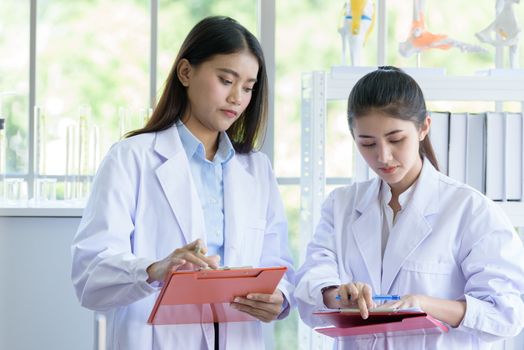 Asian young female working and research scientist together.