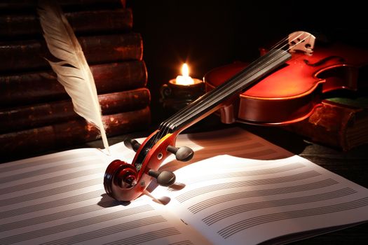 Nice violin near books and feather and candle against black background