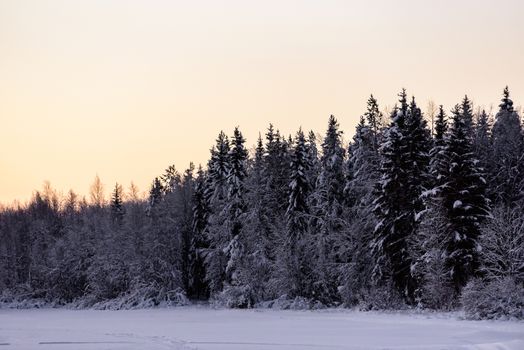 The ice lake and forest has covered with heavy snow and sunset sky in winter season at Holiday Village Kuukiuru, Finland.