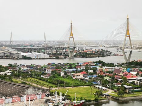Bhumibol Bridge with river, cityscape view and cloudy sky in the morning.