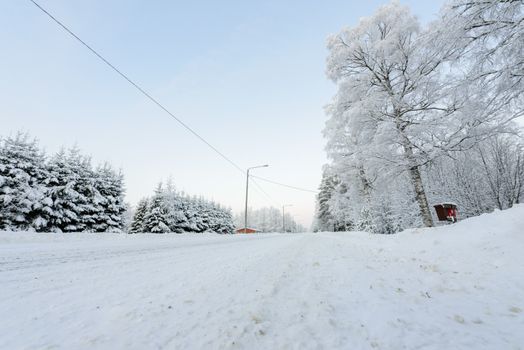 The road number 496  has covered with heavy snow in winter season at Lapland, Finland.