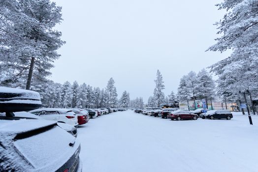 Editorial: Kuusamon City, Finland, 27th December 2018. Car park at Holiday Club Kuusamon Tropiikki with heavy snow in winter season at Kuusamon, Finland.