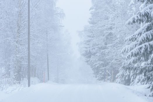 The road number 496  has covered with heavy snow and bad weather in winter season at Tuupovaara, Finland.