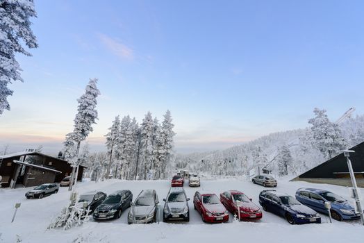 Editorial: Rukatunturi, Finland, 28th December 2018. Car park of Rukatunturi ski jumping hill at Ruka ski in winter season at Rukatunturi, Finland.