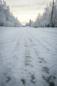 The road number 496  has covered with heavy snow in winter season at Lapland, Finland.