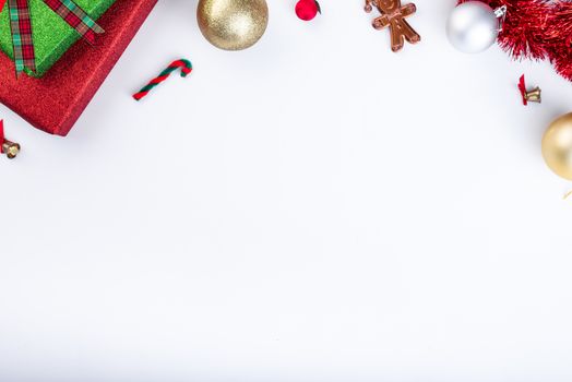 The copy space wiht Christmas ornaments isolated on white background.