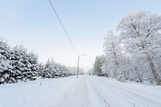 The road number 496  has covered with heavy snow in winter season at Lapland, Finland.