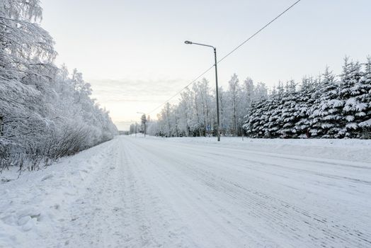 The road number 496  has covered with heavy snow in winter season at Lapland, Finland.