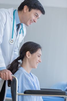 A doctor take care of sick patient woman at the hospital or medical clinic.