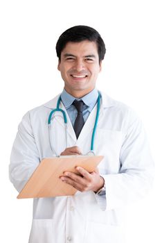 A senior doctor isolated has note and writing on white background.