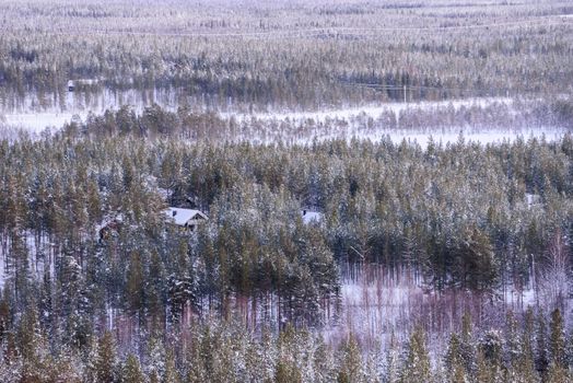 The house in the forest has covered with heavy snow from top view landscape in winter season at Lapland, Finland.