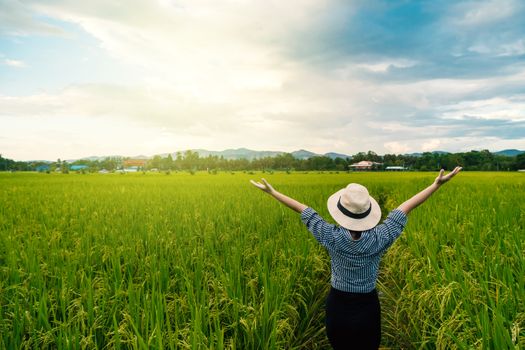 Behind the farmer woman's hands raised in the sky in a field with sky background