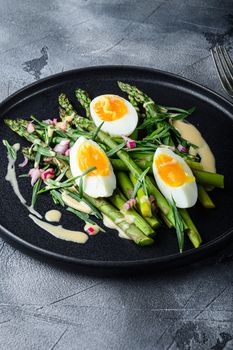 Asparagus with eggs and french dressing with dijon mustard, onion chopped in red vinegar taragon on grey textured background, side view