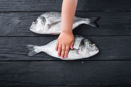 Raw whole pair dorado or sea bream fish with kid hand over it on black wooden table top view