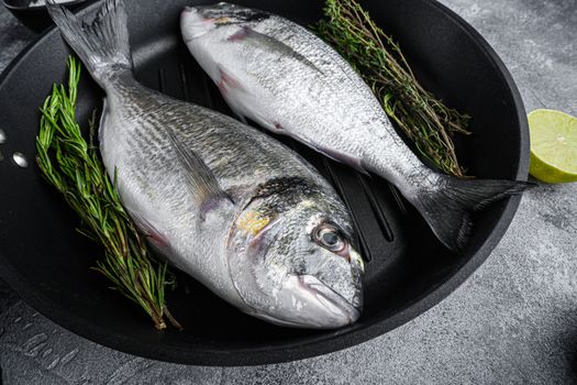 Seabream or dorado raw fish on grill pan with ingredients on grey white textured background, side view selective focus