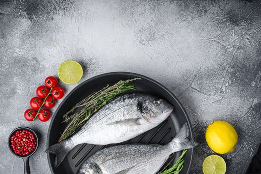 Raw sea bream or dorado raw fish on grill pan with ingredients on grey white textured background, top view with space for text