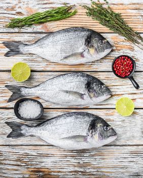 Set of raw dorado Sea bream fish with herbs for grill over white wood table top view.