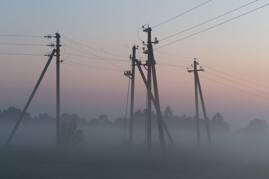 electric poles with wires in the fog in summer, beautiful nature around