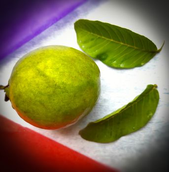 Green color guava with leaves arranged beautifully with color papers on background and good for health and skin and Help Lower Blood Sugar Levels