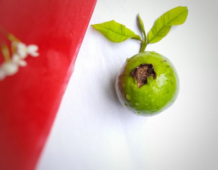 Green color guava with leaves arranged beautifully with color papers on background and good for health and skin and Help Lower Blood Sugar Levels