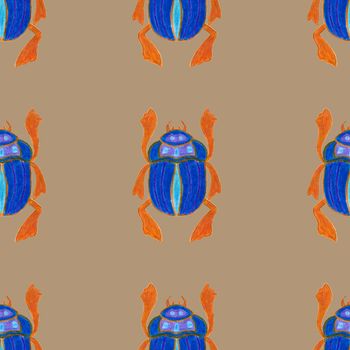Blue scarab isolated on beige background. Seamless pattern with Bug insect, Beetles. Design for wrapping paper, cover, greeting card, wallpaper, fabric.