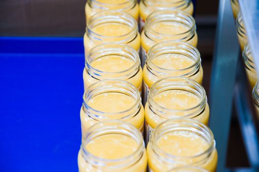 Jars full of organic honey. Production in factory